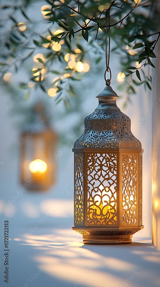 Fototapeta premium Hanging Ornate Lantern with Lit Candle, Decorative Lighting and Soft Bokeh Background Outdoors