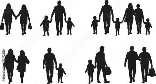 PrintSilhouette illustration of diverse families, couples, parents with children, walking together, holding hands, shopping, lifestyle concept, community, relationship, togetherness
