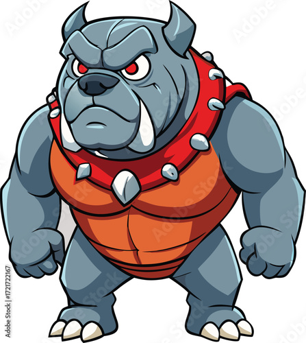Tough cartoon bulldog wearing a red spiked collar and orange vest, standing aggressively