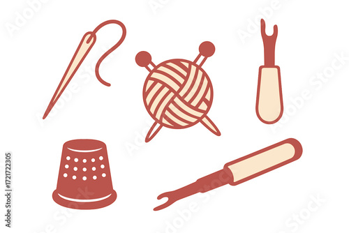 Assortment of essential sewing and crafting tools including needle, thread, yarn, thimble, and seam rippers