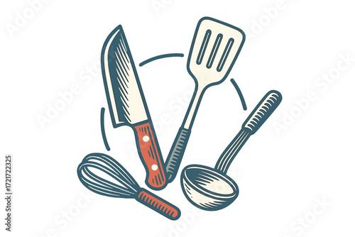 Essential kitchen utensils and cooking tools set including a sharp knife, slotted spatula, wire whisk, and deep ladle arranged in a circular pattern