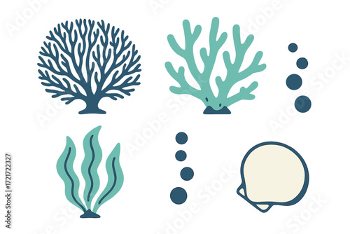 Stylized underwater marine life elements collection with coral, seaweed, seashell, and bubbles for ocean-themed designs