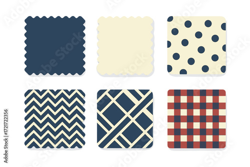 Colorful fabric swatches displaying diverse patterns including polka dots, chevron, geometric, and classic plaid designs for textile projects