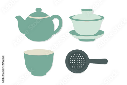 Traditional Asian Tea Ceremony Utensils Set with Teapot Gaiwan Teacup and Strainer in Minimalist Style
