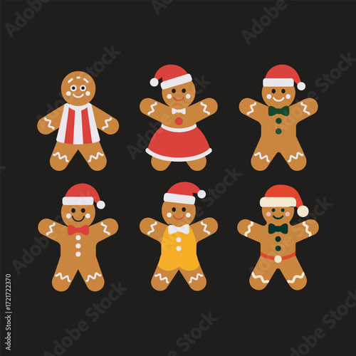 Six gingerbread cookies dressed for Christmas with Santa hats holiday festive