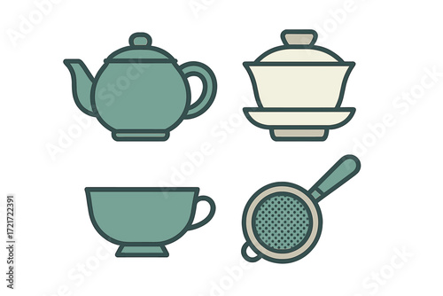 Elegant collection of tea ceremony essentials featuring a classic teapot, traditional gaiwan, simple teacup, and practical tea strainer