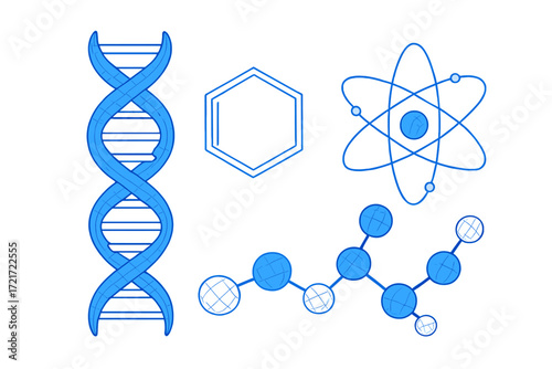 Scientific diagrams of DNA helix, atomic structure, and molecular models illustrating fundamental concepts in biology and chemistry research and education