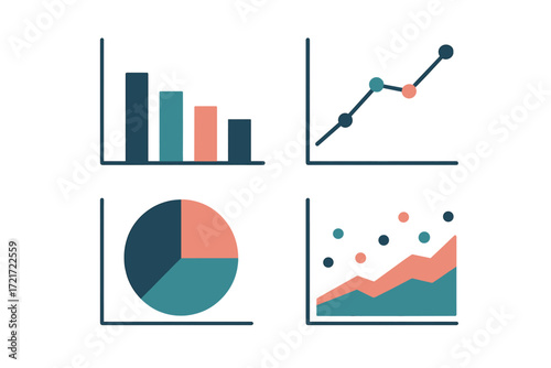 Collection of various business data charts and graphs including bar, line, pie, and area for financial analysis and reporting