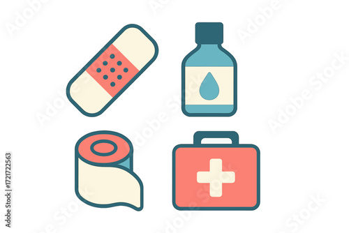 Essential medical supplies including adhesive bandage, antiseptic liquid bottle, medical tape, and a first aid kit