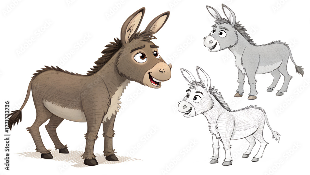 Fototapeta premium Various Donkeys PNG – Cartoon and Realistic Donkey Illustrations on Transparent Background