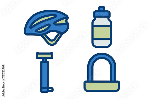 Essential bicycle accessories including helmet water bottle pump and security lock for outdoor sports and recreation