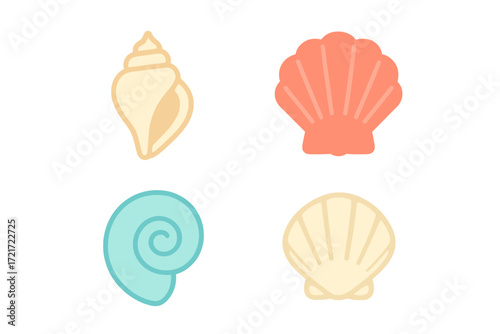 Vibrant collection of colorful seashells and conch shells from the ocean floor, depicted in a simple flat graphic style