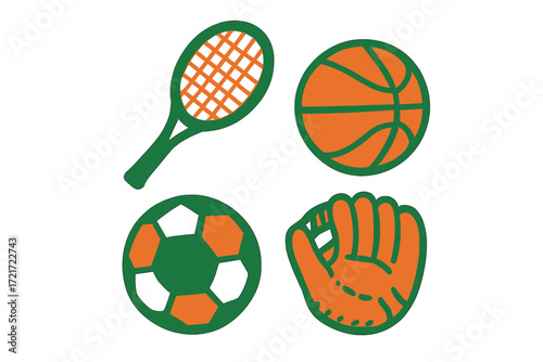 Assortment of sports gear featuring a tennis racket, basketball, soccer ball, and baseball glove on white