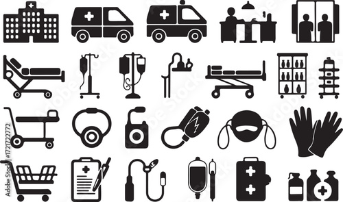 Medical Tools Black Silhouette Vector Illustration Set