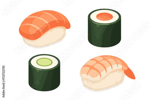 Variety of traditional Japanese sushi pieces and maki rolls with fresh seafood and vegetable fillings on a white background