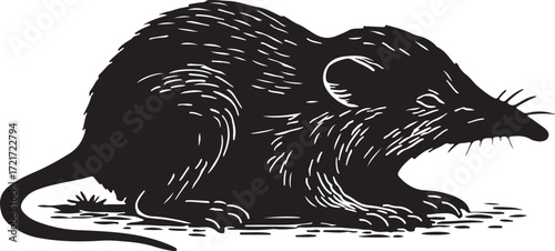 Detailed black and white woodcut illustration of a large rodent with sharp teeth and a long tail in a gritty style
