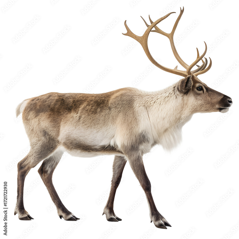 Fototapeta premium A majestic reindeer with large antlers walks gracefully isolated on a transparent background