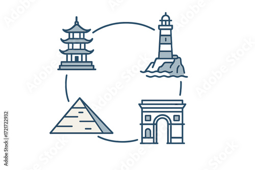 International tourism destination symbols and famous global structures representing iconic world architecture and historical sites