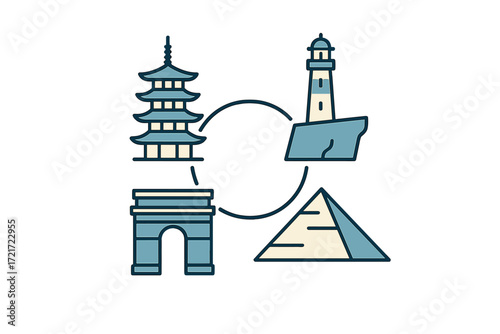 Global travel route connecting famous landmarks and iconic architectural symbols of tourism destinations