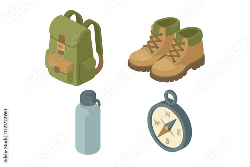 Essential gear for outdoor adventures including a green backpack, sturdy hiking boots, a blue water bottle, and a reliable compass