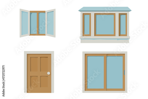 Architectural elements set with various window styles like casement, bay, and sliding, alongside a classic wooden panel door