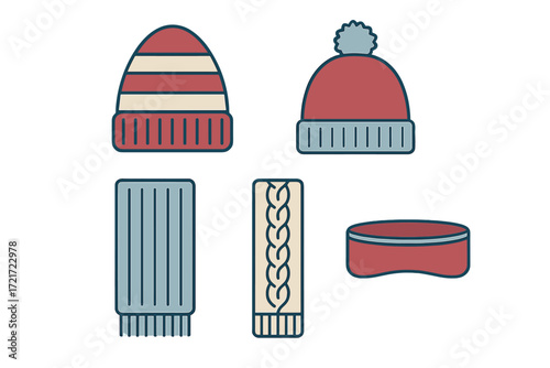 Assortment of warm winter hats, knitted scarves, and earmuffs for cold weather fashion and comfort