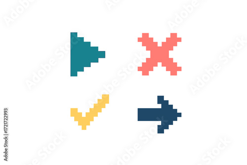 Colorful pixelated user interface elements for retro video games featuring play, cross, checkmark, and arrow symbols