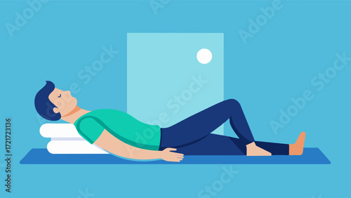A man lying on his back in a quiet room slowly tensing and relaxing each muscle group in his body as he engages in a mindful body scan to release tension and promote relaxation.. Vector illustration