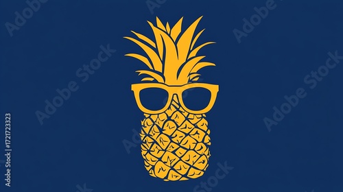 Cool Yellow Pineapple with Sunglasses on Dark Blue Background. Tropical Fruit