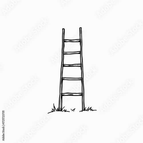 Wooden ladder standing on grass in simple outline style  