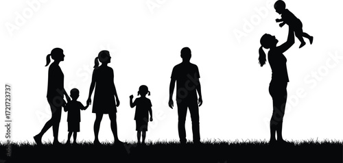 PrintSilhouette of family outdoors, parents with children, mother holding baby, bonding, love, lifestyle, parenting, happiness, unity, relationship, childhood, togetherness