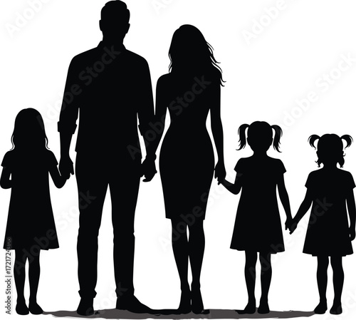 PrintSilhouette of happy family with children, parents holding hands, unity, love, parenting, lifestyle, relationship, togetherness, childhood, family bond illustration
