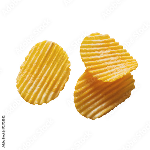 Three ridged potato chips on transparent background