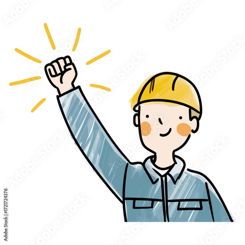 Energetic construction worker in yellow helmet with scratchy blue uniform symbolizing resilience, hope, and determination  
