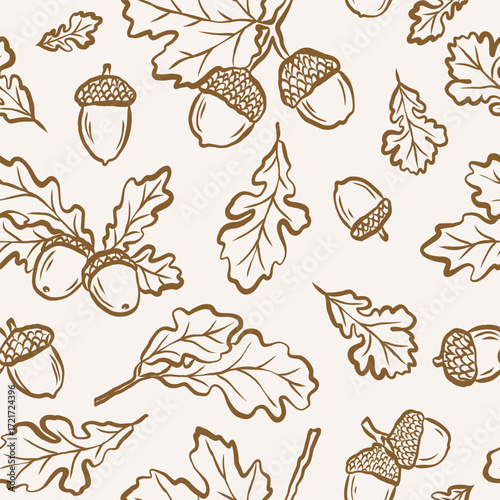 Hand drawn doodle oak branches and acorns background