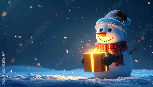 Adorable 3D render of cute snowman holding glowing Christmas gift box, dark blue background, magical festive illustration for holiday design
