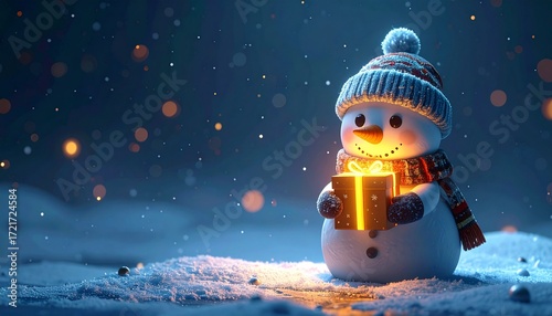 Adorable 3D render of cute snowman holding glowing Christmas gift box, dark blue background, magical festive illustration for holiday design