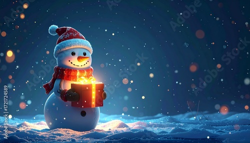 Adorable 3D render of cute snowman holding glowing Christmas gift box, dark blue background, magical festive illustration for holiday design