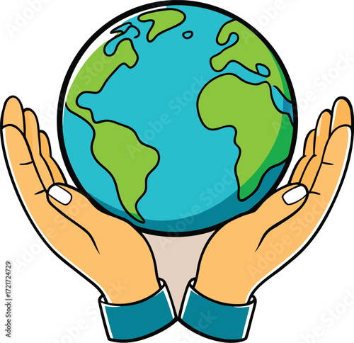 Two cupped hands gently holding the planet earth, symbolizing care and protection