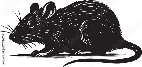 Detailed black and white illustration of a small rodent with long whiskers and a curved tail in a side profile view