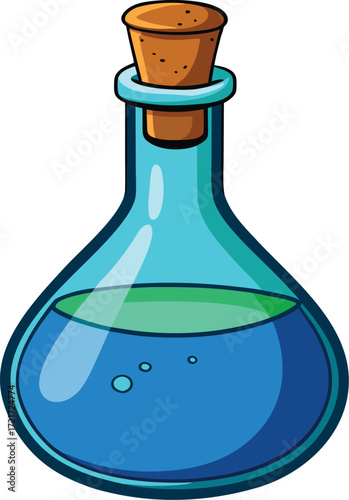 A cartoon illustration of a blue potion in a glass flask with a cork stopper
