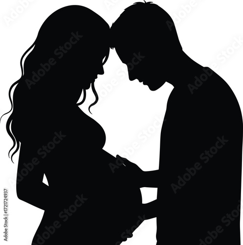 PrintSilhouette pregnant couple love, expecting parents, maternity care, family bond, father support, motherhood affection, parenthood, pregnancy happiness, relationship, future family, vector 