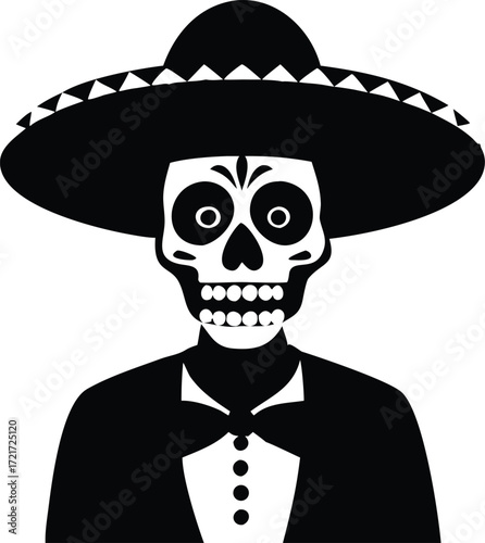 Dia de los muertos skeleton in sombrero and tuxedo