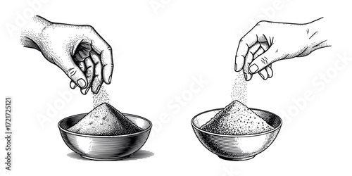 Hand pouring spice between bowls illustration , vintage culinary seasoning vector sketch design