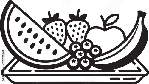 Fruits And Berries On Tray Vector Outline Illustration Isolated On Transparent Back