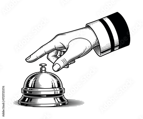 Vintage hotel reception bell hand drawn illustration,  retro hospitality service vector design