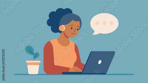 A person using a laptop to access online resources and information about caregiving with a caption that reads Empowering caregivers through virtual resources.. Vector illustration