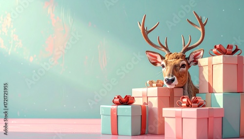 Playful 3D render of reindeer hiding behind stacked Christmas gift boxes, pastel background, fun seasonal design with holiday spirit.