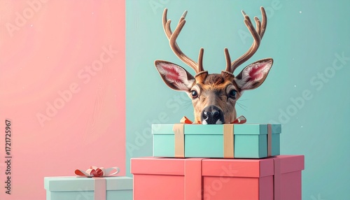 Playful 3D render of reindeer hiding behind stacked Christmas gift boxes, pastel background, fun seasonal design with holiday spirit.