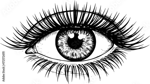 Detailed black and white sketch of an eye with long eyelashes. Vector illustration